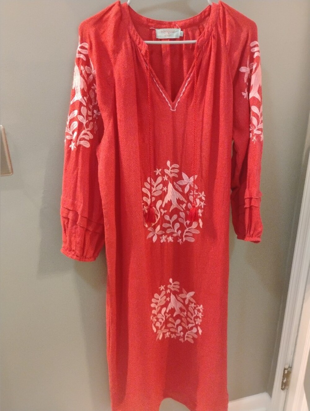Women's Voyager By Mersea Red /Pink Linen Embroidered Maxi Dress Size Small